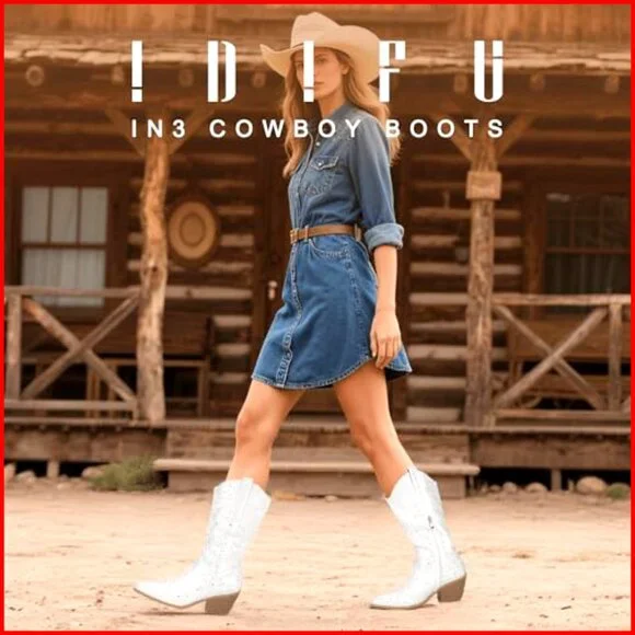 Rhinestone Cowboy Boots Mid Calf Western Sparkly Block Heel Zipper - Picture 4 of 7